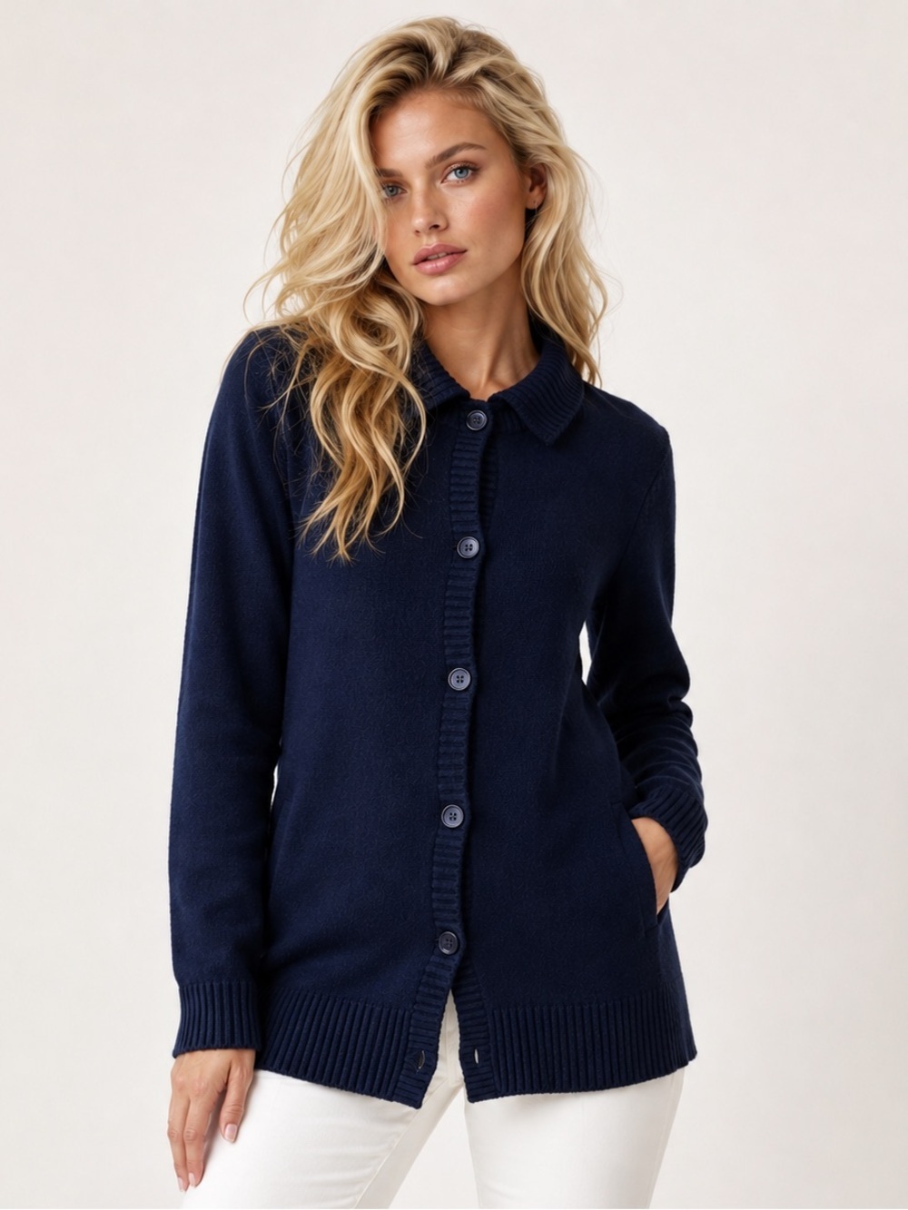Marisa Christina Merino Wool Cardigan Jacket Navy L Quiet Luxury Preppy Classic
